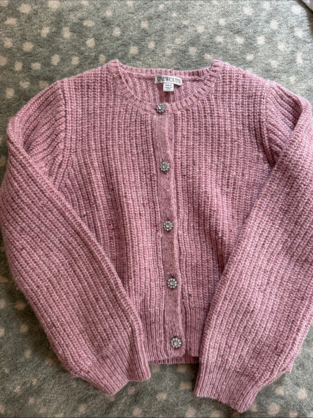 Crewcuts Pink Chunky Knit Cardigan with Floral Jewel Buttons